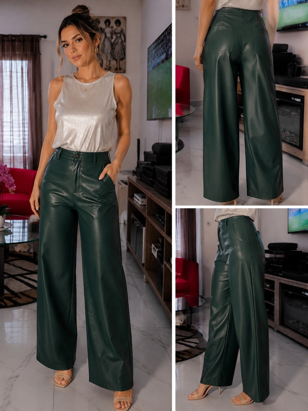 High-Waist Wide-Leg Faux Leather Pants - Dark Green